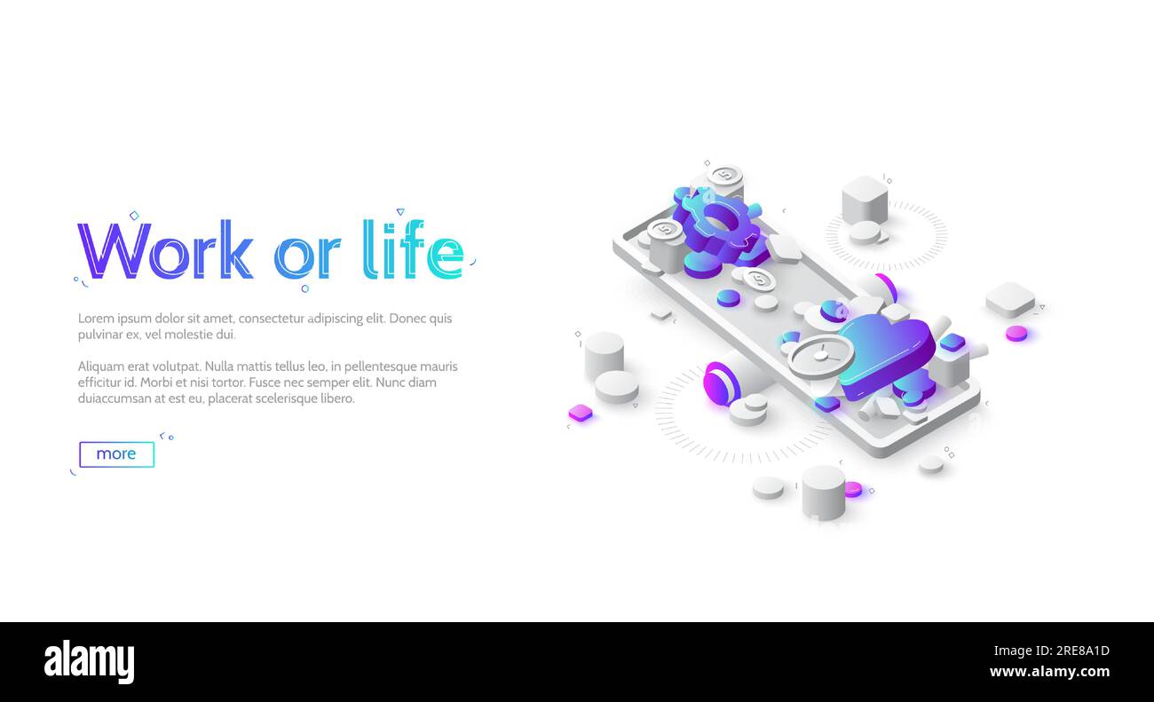 Isometrische Landing-Page für Work-Life-Balance. Herz und Zahnräder liegen auf Waage. Wahl zwischen Arbeit oder Haus, Karriere oder Familie, Geschäft oder Liebe, Stabilität und Seelenfrieden, 3D-Vektor-Webbanner Stock Vektor