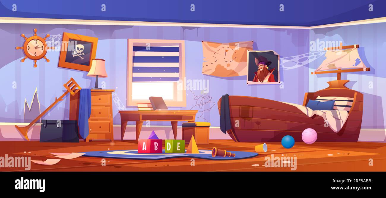 Verlassenes Kinderzimmer im Piratenstil, vernachlässigtes leeres Interieur mit Schiffsbett, Kapitänsporträt, Spinnennetz an der Wand, zerkleinerte Tapete, Kinderzimmer mit verstreutem Müll, Cartoon-Vektorbild Stock Vektor