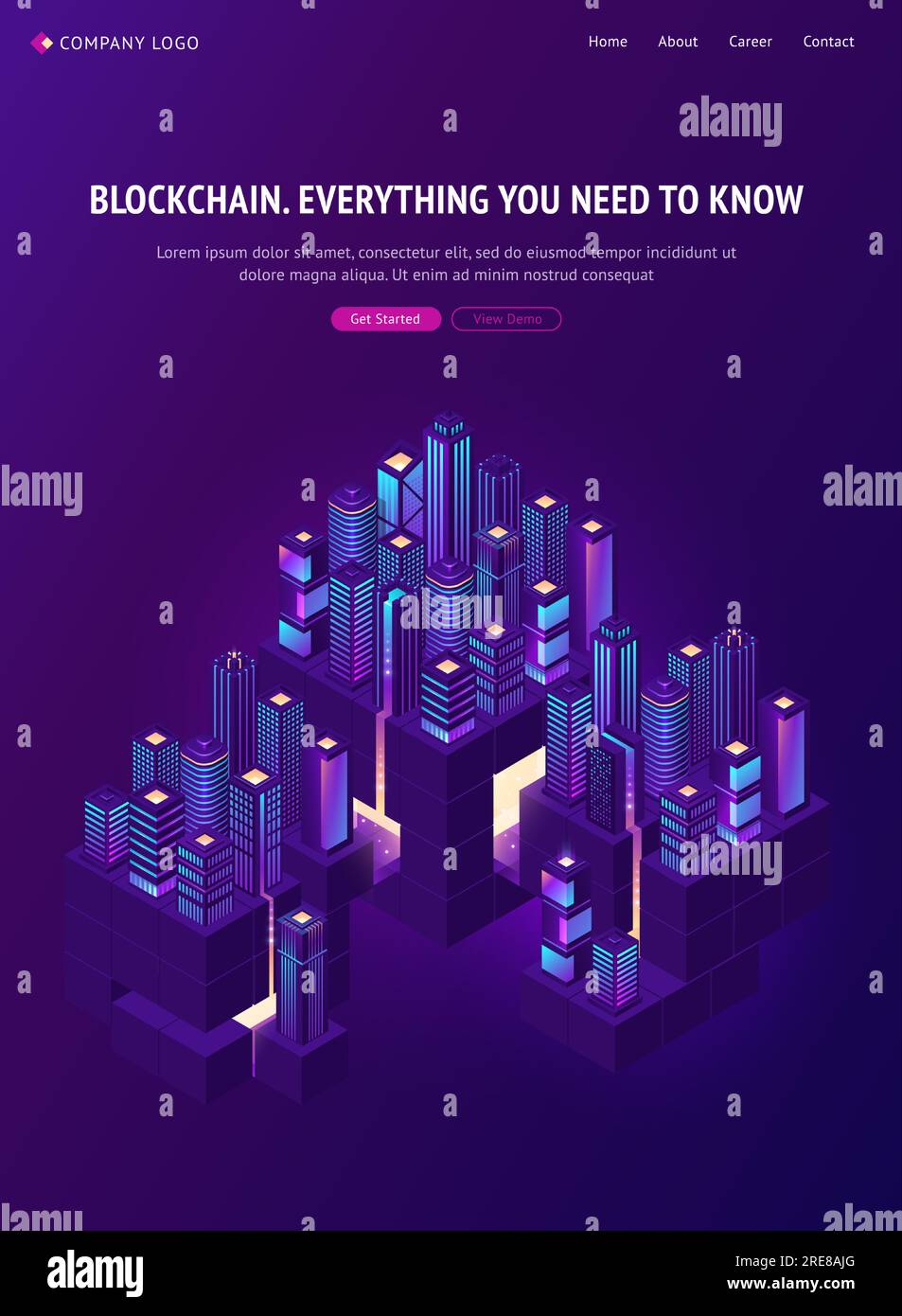 Blockchain-Technologie auf der isometrischen landing-Page von smartcity. Smart City Community mit Rechenzentren, Servern und Krypto-Blockkettengebäuden, Neonglanz-Wolkenkratzern, Kryptowährung, 3D-Vektor-Webbanner Stock Vektor