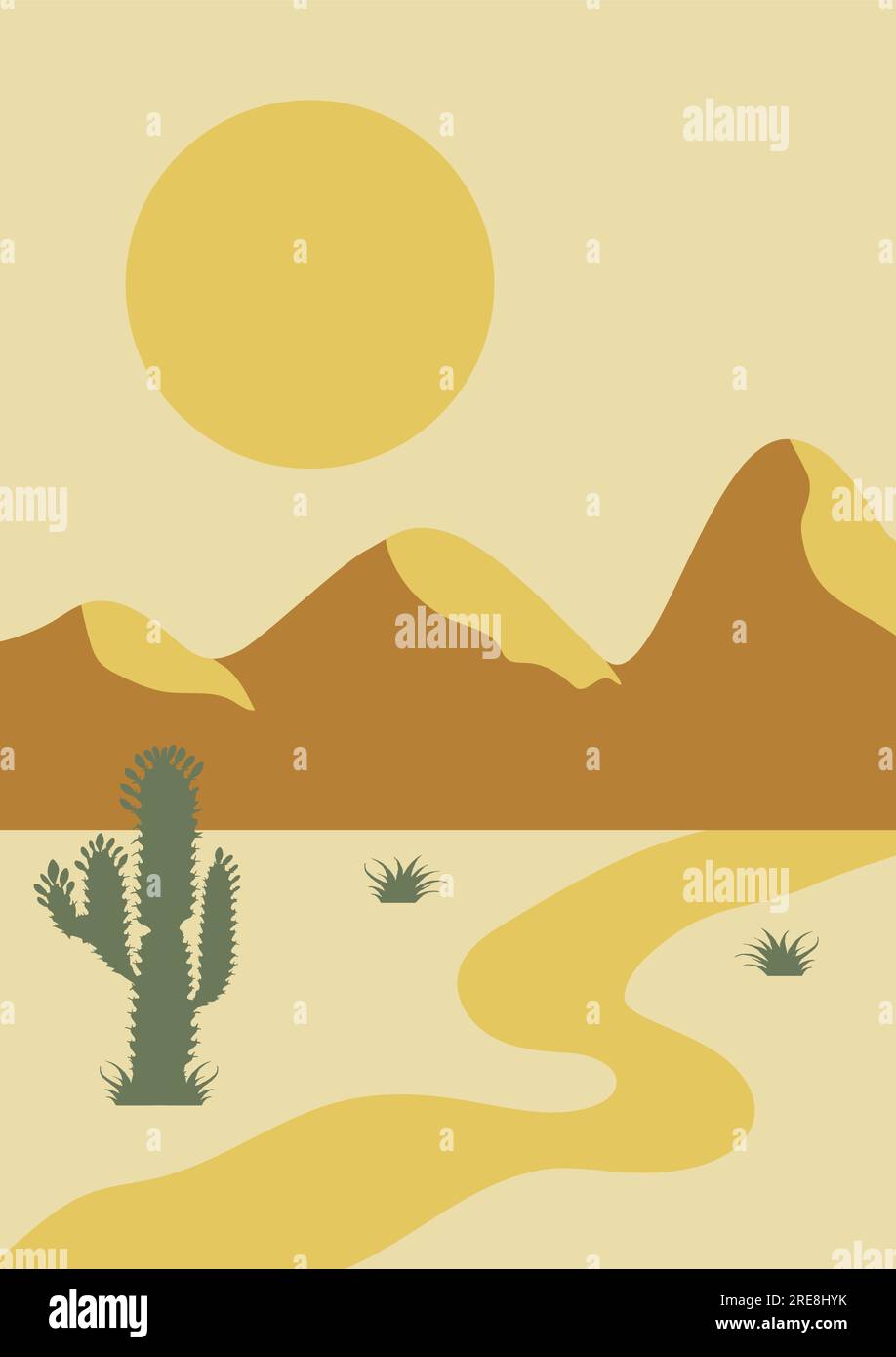 Ästhetische minimalistische Wüstenlandschaft mit Kakteen und Bergen Stock Vektor