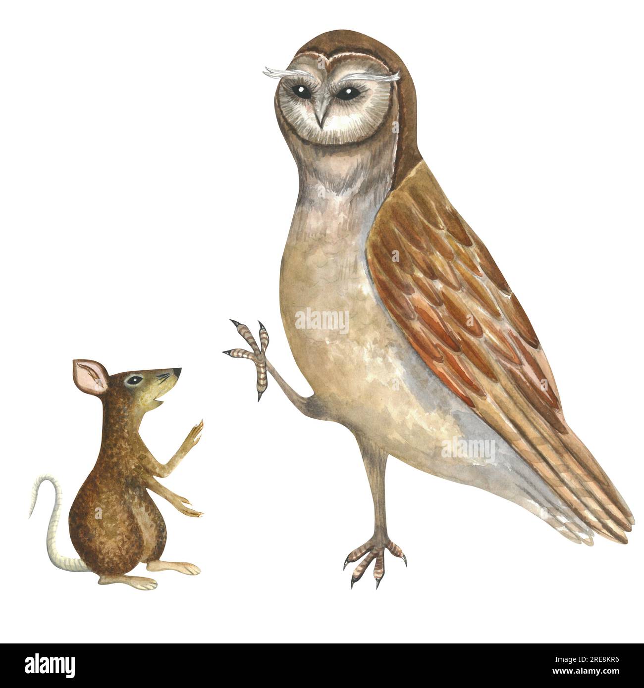 Aquarelle Darstellung einer Eule und Ratte, mouse.Composition isoliert auf weißem Hintergrund, handgezeichnet für Dekoration und Design von Souvenirprodukten Stockfoto