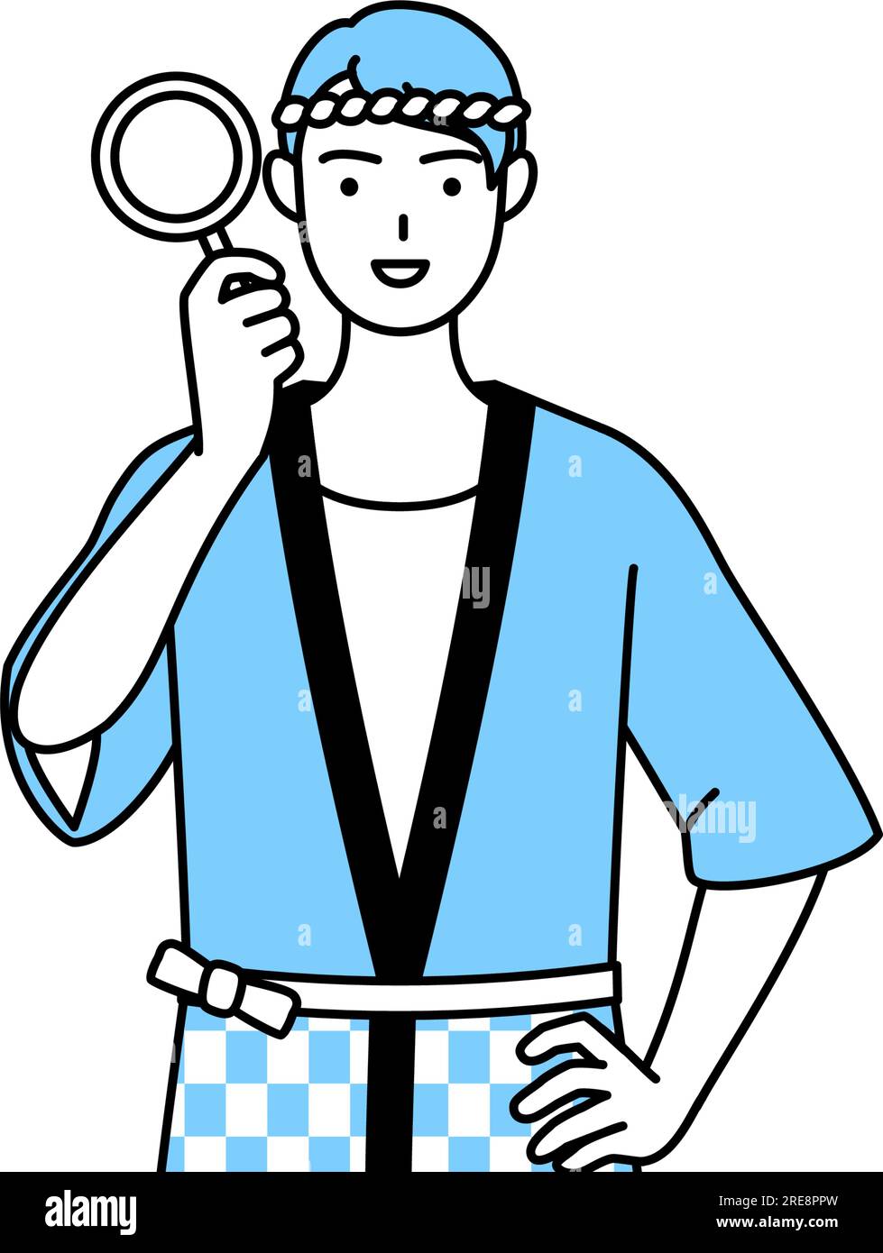 Ein Mann mit Happi-Mantel für Sommerfestivals, der durch Lupen schaut, Vektor-Illustration Stock Vektor
