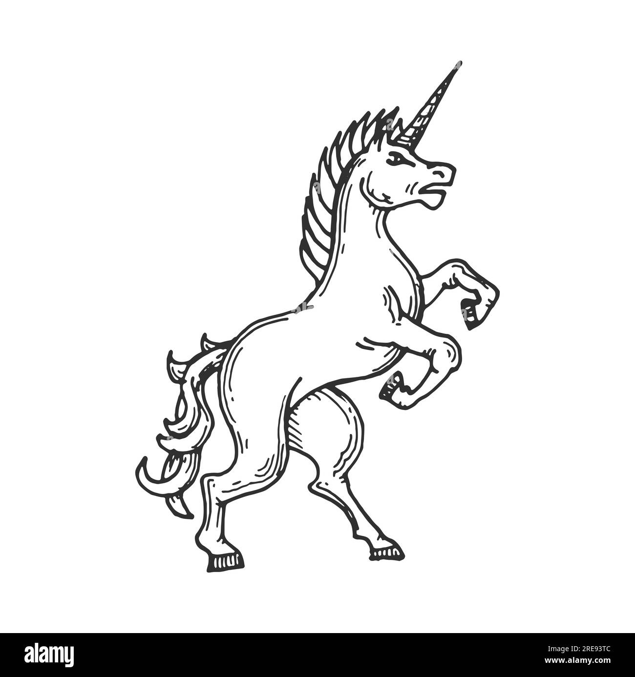 Einhorn mittelalterliche heraldische Tierskizze, Vektor königliche Heraltrockenheit. Von Hand gezogenes Pferd, das auf Hinterbeinen steht, mit gedrehtem Horn für antike Wappen, Abzeichen oder Wappenelemente. Vintage-Einhorn-Tattoo Stock Vektor