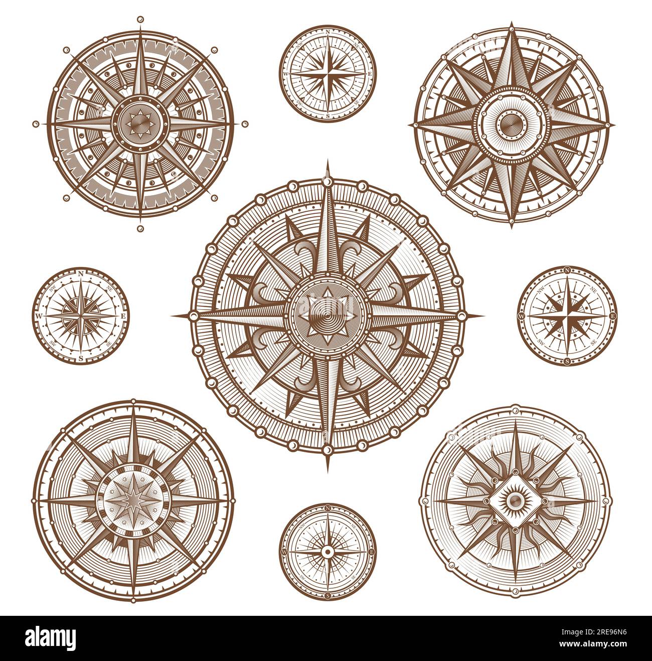 Klassische Kompass-Windrosen, mittelalterliche nautische Navigationsschilder, Vektorsymbole. Schiffskompass in Holzschnittholzlinien mit Windrosen für die Seeschifffahrt und in Schiffsrichtung Stock Vektor