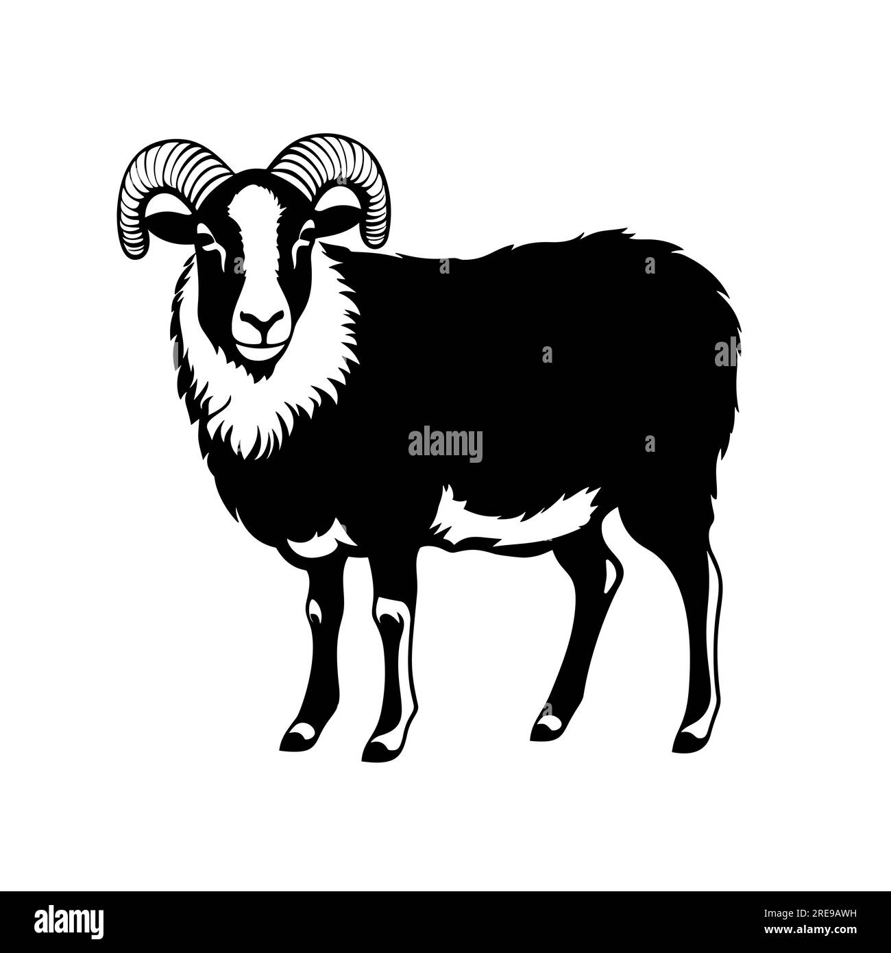 RAM-Symbol. Nutztier. Wollproduktion. Männliche Schafe auf weißem Hintergrund isoliert. Vektorabbildung oder Cartoon-Darstellung. Stock Vektor