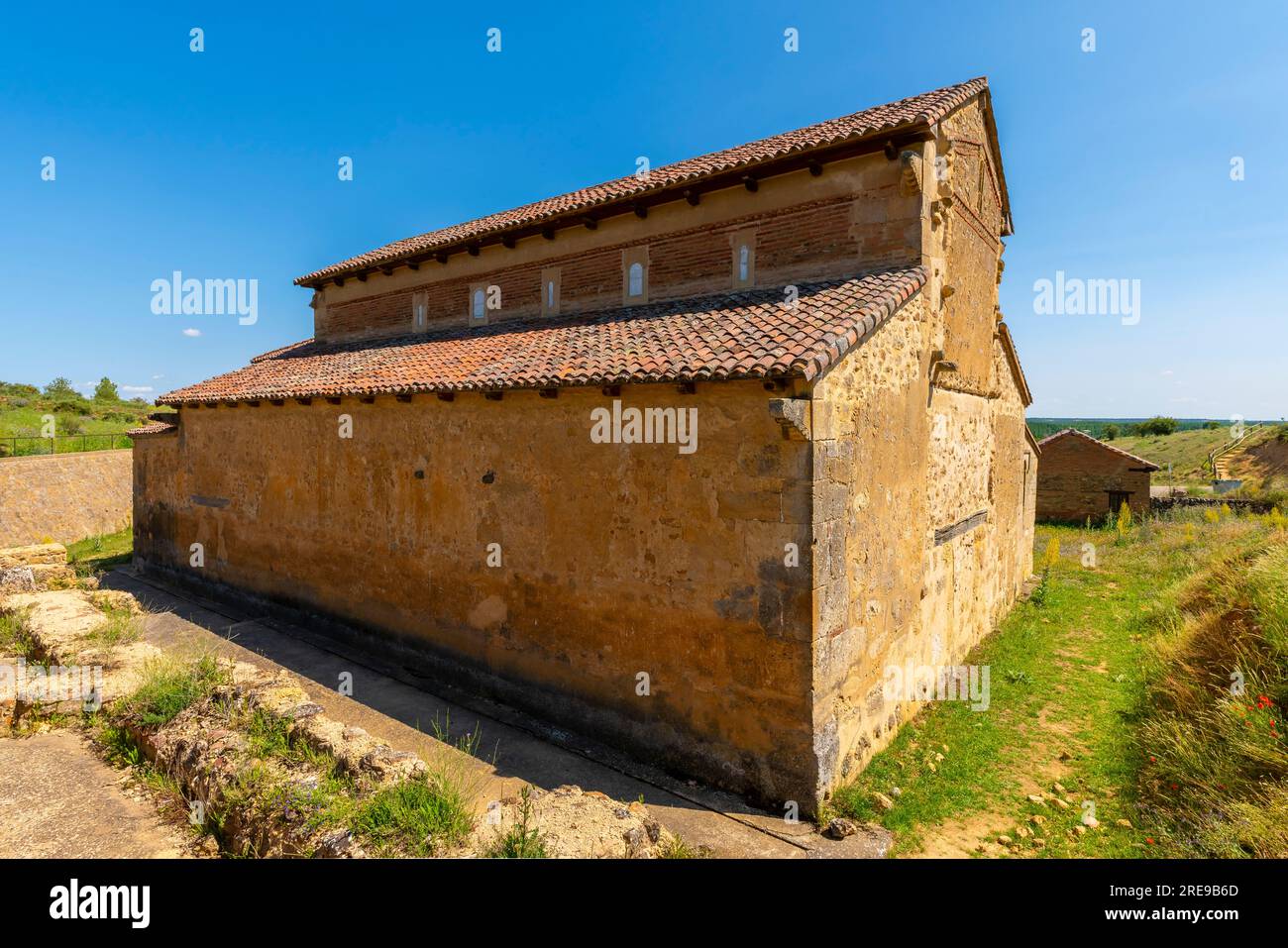 Mozarabische Kirche San Miguel de Escalada, geweiht 951 von Bischof Genadio von Astorga. Es ist ein ehemaliges Kloster in der Provinz León, Castil Stockfoto