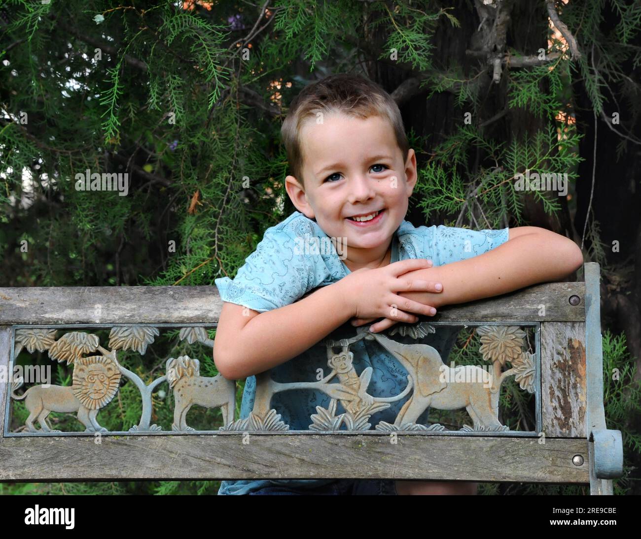 Der kleine Junge lehnt sich über eine Holzbank und grinst. Er trägt ein blaues Hemd und ist von immergrünen Gliedmaßen umgeben. Stockfoto