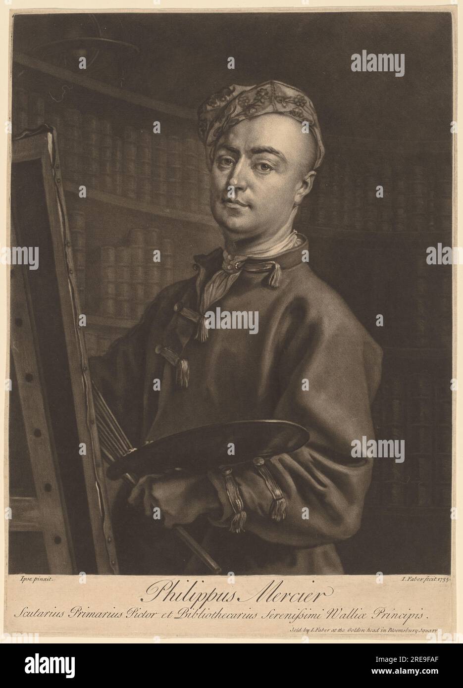 „John Faber II nach Philip Mercier, Philip Mercier, 1735, Mezzotint auf liegendem Papier, Platte: 35,2 x 25,2 cm (13 7/8 x 9 15/16 Zoll) Blatt: 35,7 x 25,8 cm (14 1/16 x 10 3/16 Zoll), Paul Mellon Fund, 2001.118.78' Stockfoto