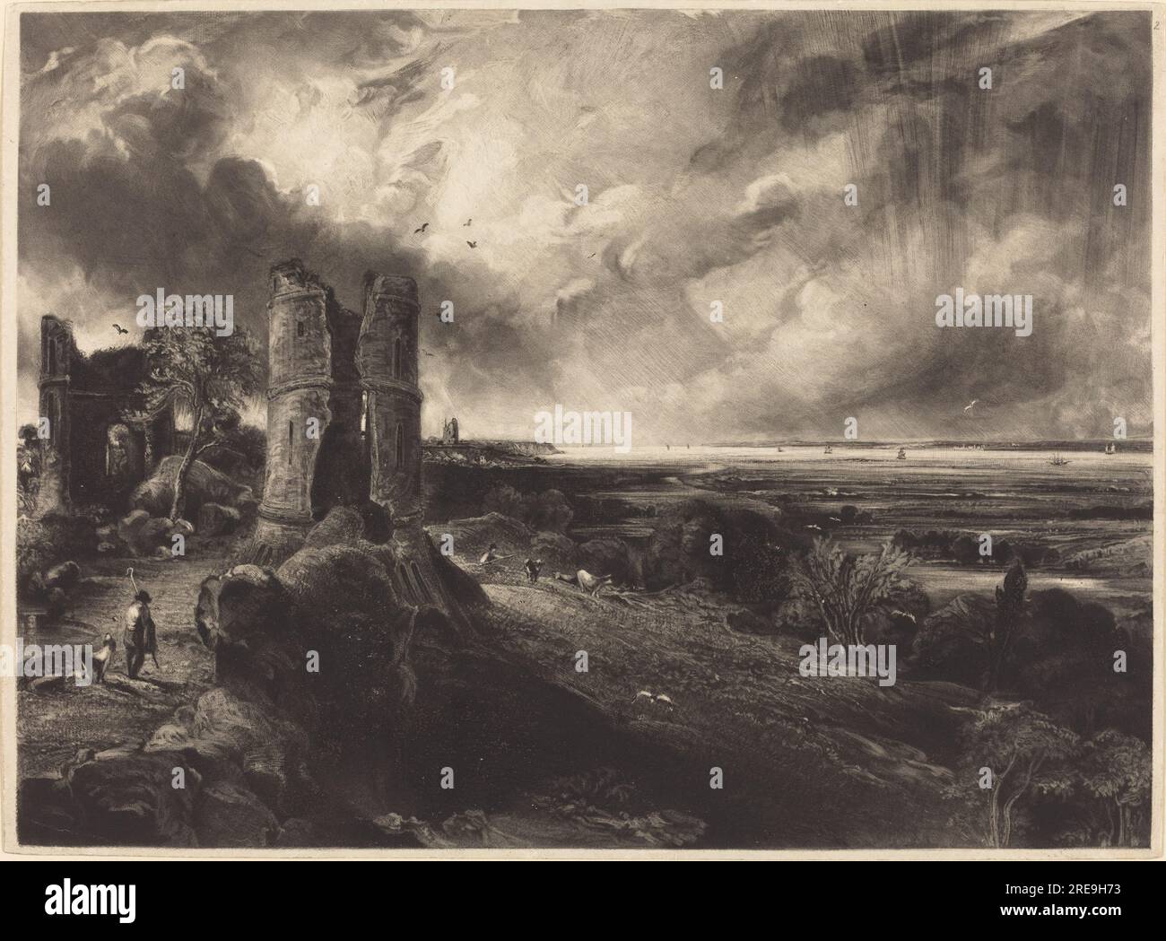 „David Lucas nach John Constable, Hadleigh Castle (Large Plate), 1830 und 1832, Mezzotint [Progress Proof], Platte: 26,7 x 36,5 cm (10 1/2 x 14 3/8 Zoll) Blatt: 27,2 x 37,4 cm (10 11/16 x 14 3/4 Zoll) Gesamtgröße (Matte): 40,6 x 55,9 cm (16 x 22 Zoll), Andrew W. Mellon Fund, 1977.38.1' Stockfoto
