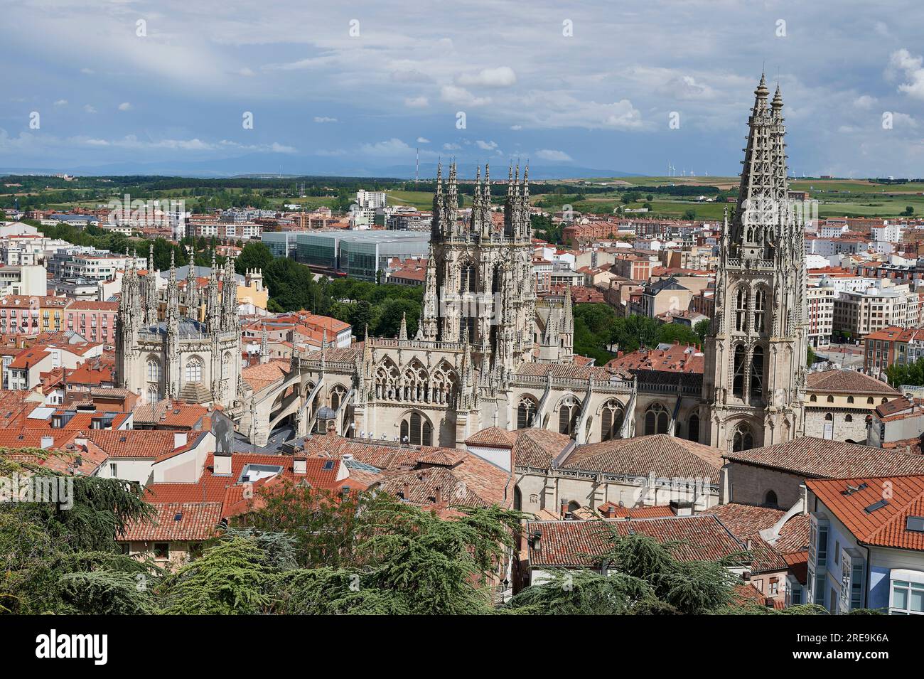 Kathedrale Santa Maria von Burgos aus der Vogelperspektive, Burgos, Castilla y Leon, Spanien Stockfoto