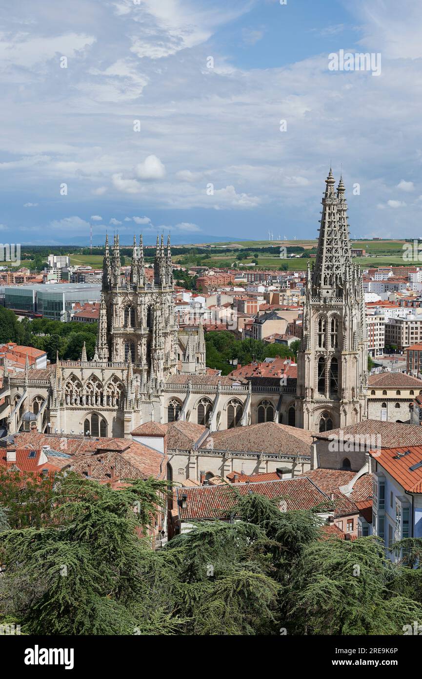 Kathedrale Santa Maria von Burgos aus der Vogelperspektive, Burgos, Castilla y Leon, Spanien Stockfoto