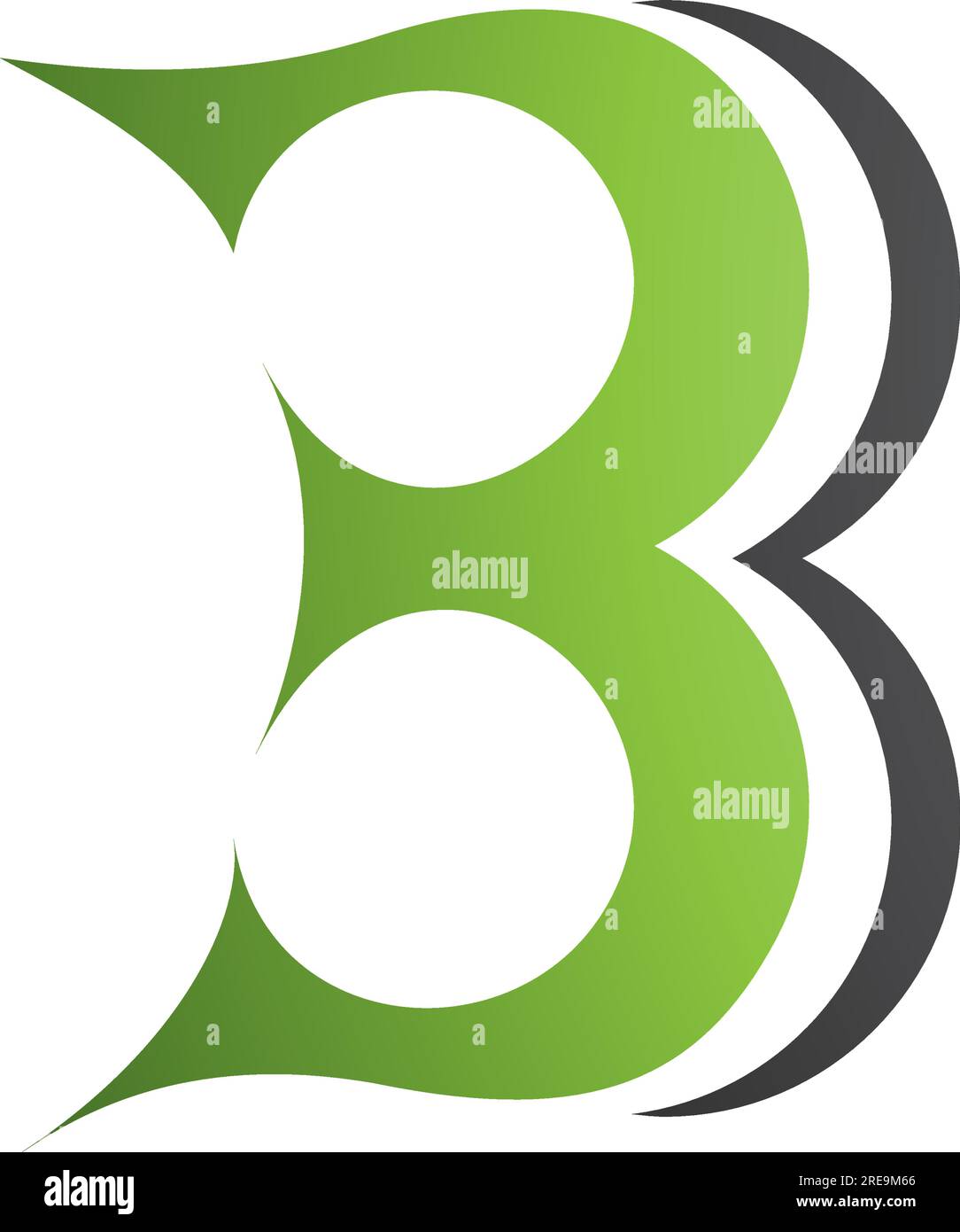 Grünes und schwarzes kurviges Symbol mit dem Buchstaben B, das der Zahl 3 auf weißem Hintergrund ähnelt Stock Vektor