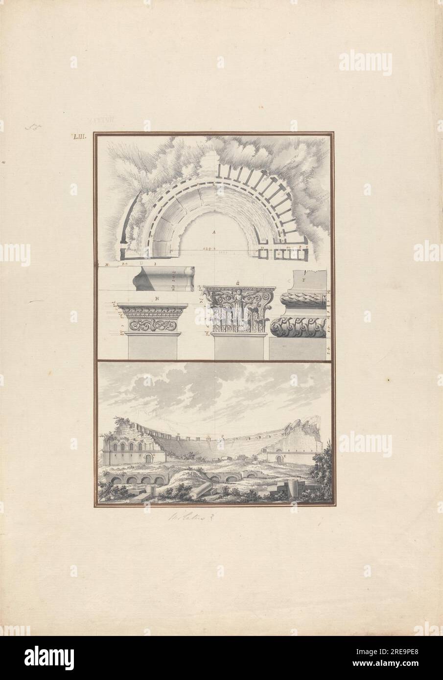 Oberer Bereich: Plan, Spaltendetails; unterer Bereich: Blick auf ein ruiniertes Theater, wahrscheinlich das in Miletus um 1750 von Giovanni Battista Borra Stockfoto