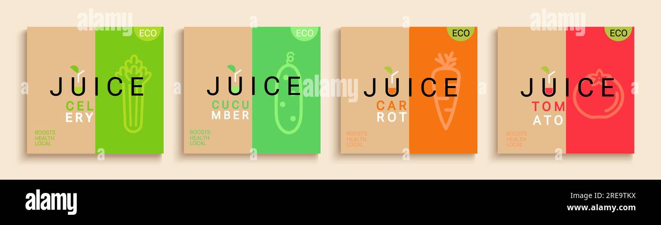 Set mit Karten für Obst- und Gemüsesaft. Stock Vektor