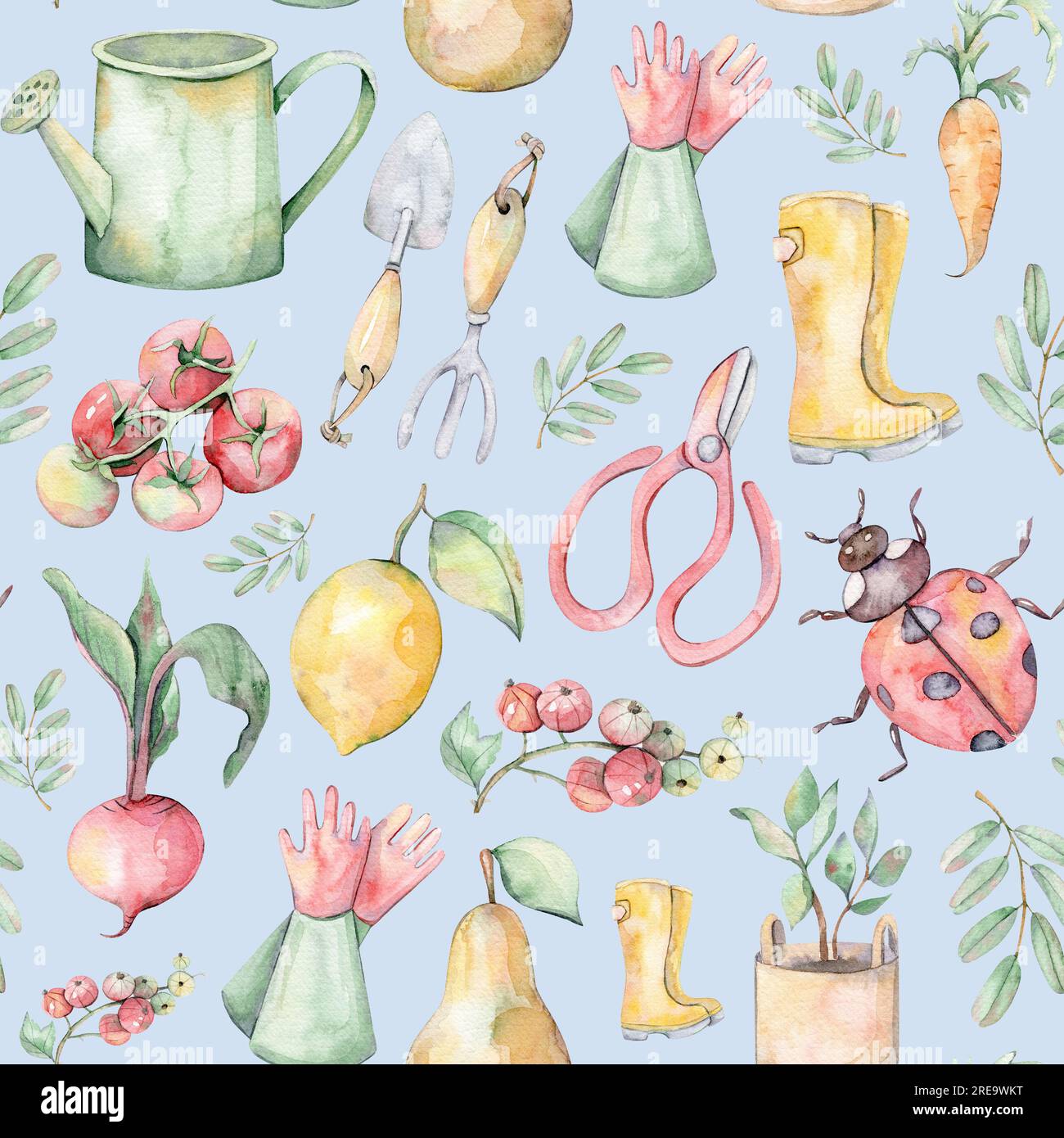 Nahtloses Aquarell-Muster. Gartenset. Handgezeichnete Illustration. Aquarell Gemüse und Obst. Garten. Blauer, weißer, gelber und grüner Hintergrund Stockfoto