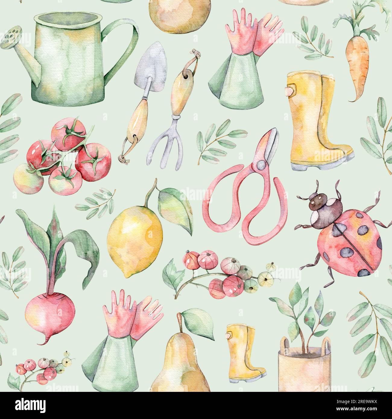 Nahtloses Aquarell-Muster. Gartenset. Handgezeichnete Illustration. Aquarell Gemüse und Obst. Garten. Blauer, weißer, gelber und grüner Hintergrund Stockfoto