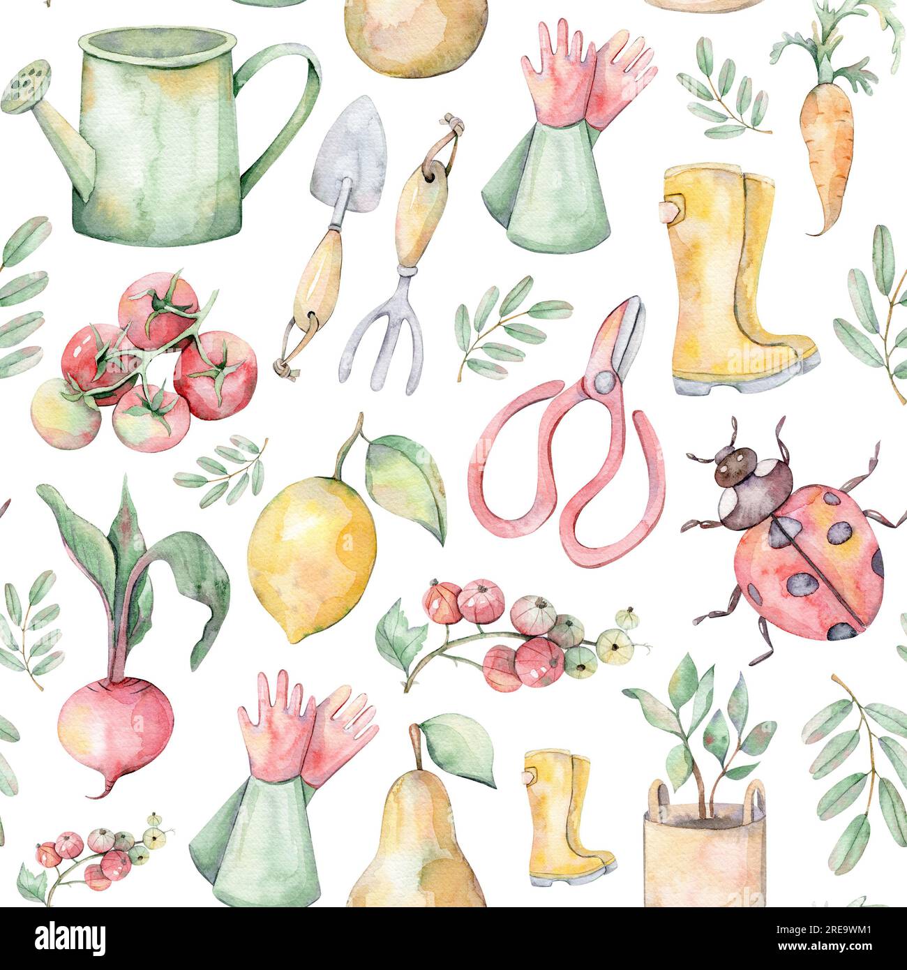 Nahtloses Aquarell-Muster. Gartenset. Handgezeichnete Illustration. Aquarell Gemüse und Obst. Garten. Blauer, weißer, gelber und grüner Hintergrund Stockfoto