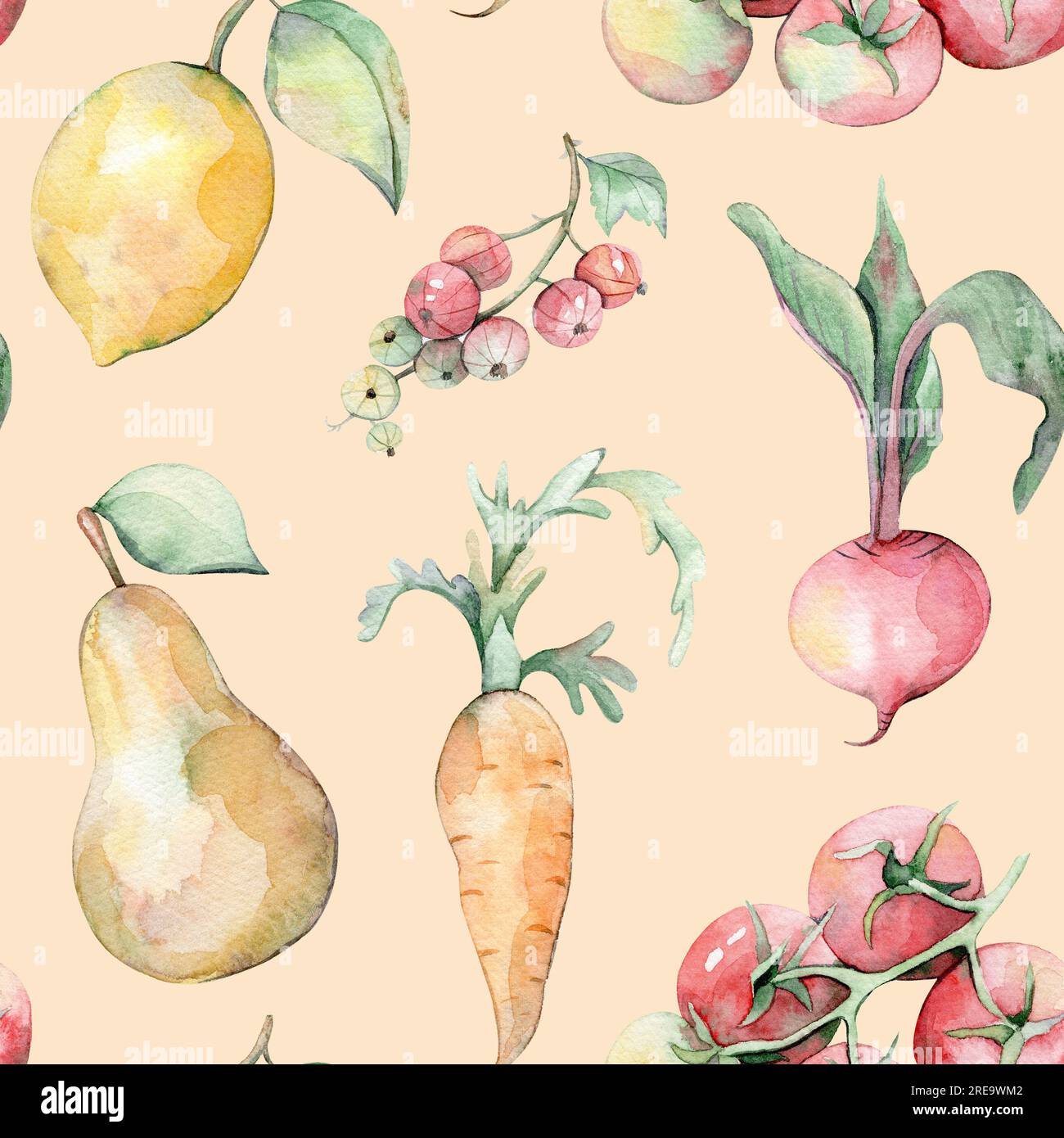 Nahtloses Aquarell-Muster. Gartenset. Handgezeichnete Illustration. Aquarell Gemüse und Obst. Garten. Blauer, weißer, gelber und grüner Hintergrund Stockfoto