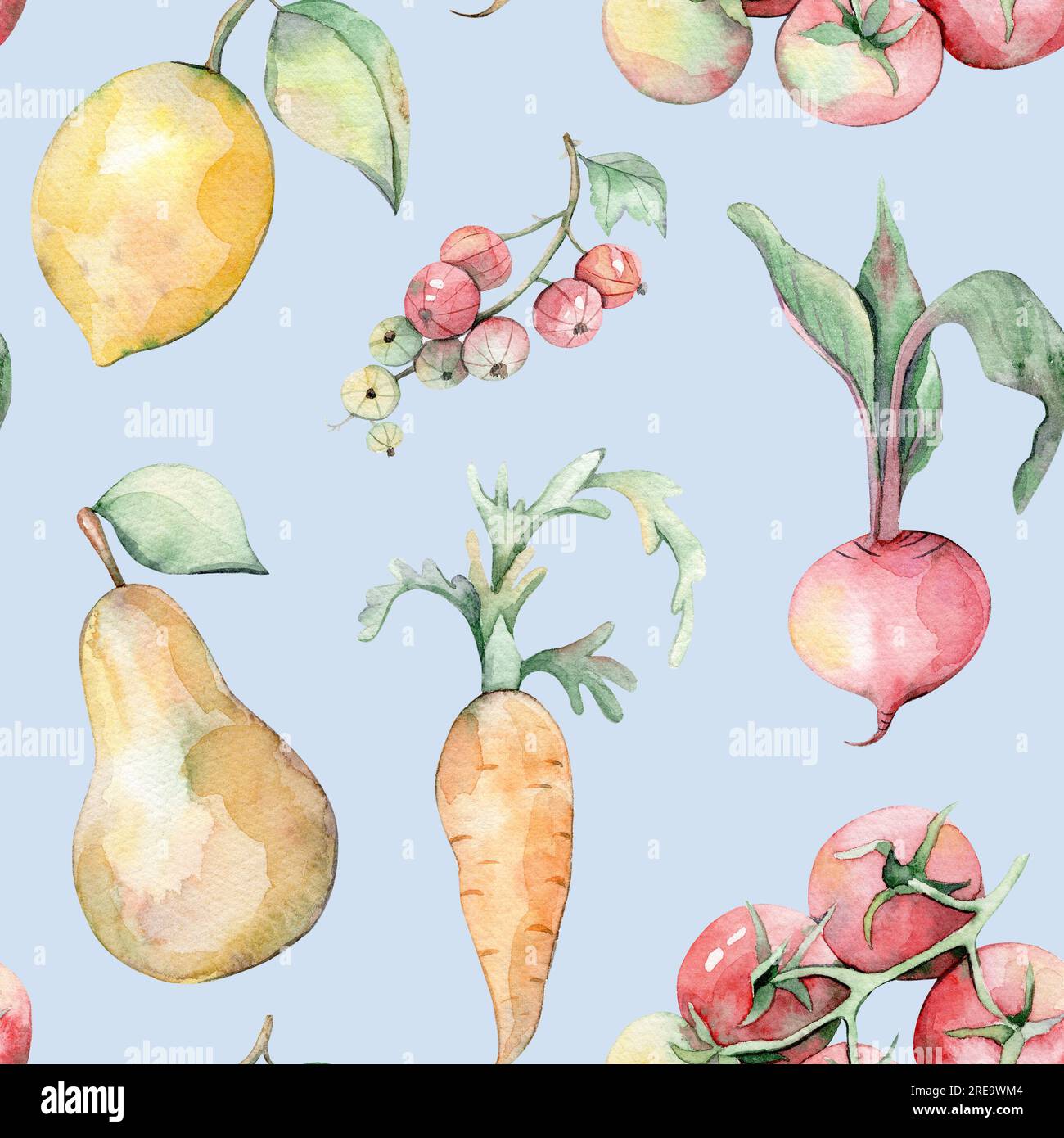 Nahtloses Aquarell-Muster. Gartenset. Handgezeichnete Illustration. Aquarell Gemüse und Obst. Garten. Blauer, weißer, gelber und grüner Hintergrund Stockfoto