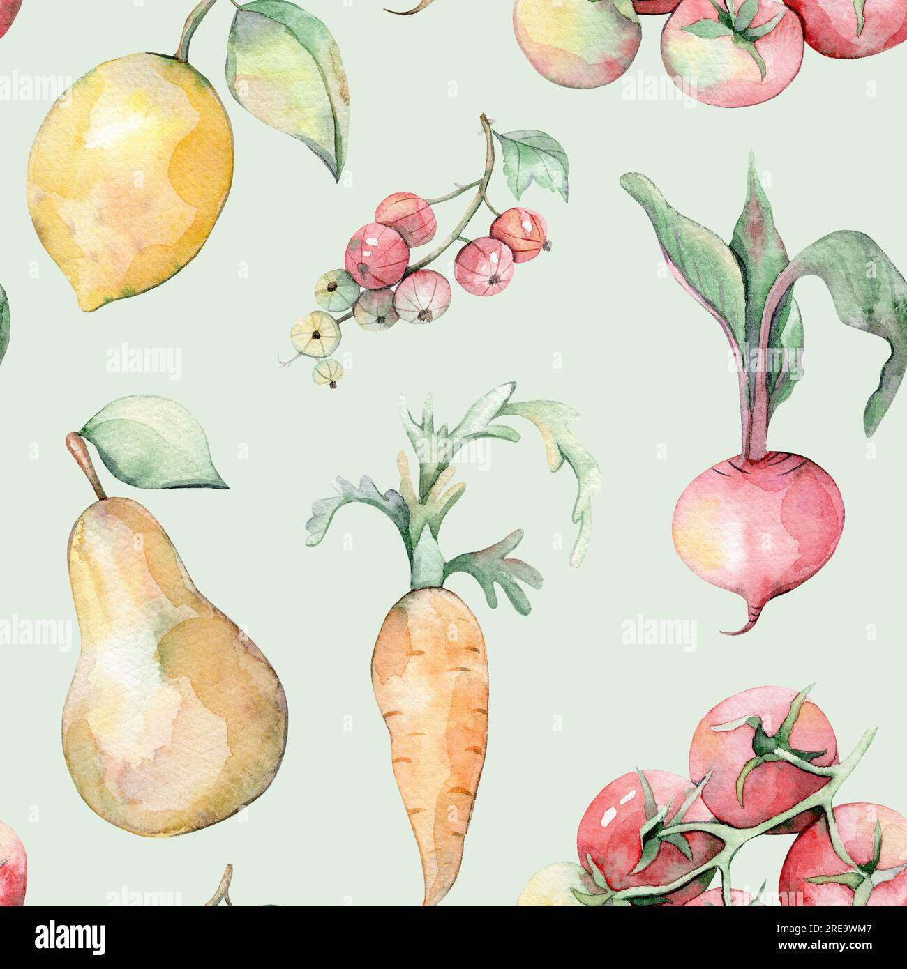 Nahtloses Aquarell-Muster. Gartenset. Handgezeichnete Illustration. Aquarell Gemüse und Obst. Garten. Blauer, weißer, gelber und grüner Hintergrund Stockfoto