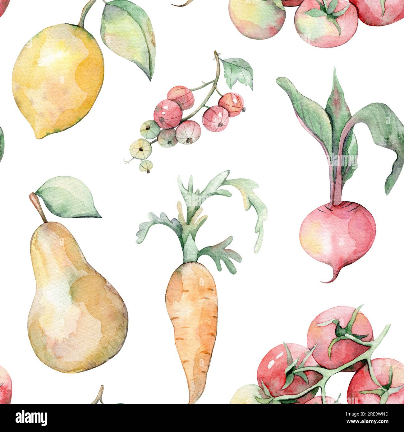 Nahtloses Aquarell-Muster. Gartenset. Handgezeichnete Illustration. Aquarell Gemüse und Obst. Garten. Blauer, weißer, gelber und grüner Hintergrund Stockfoto