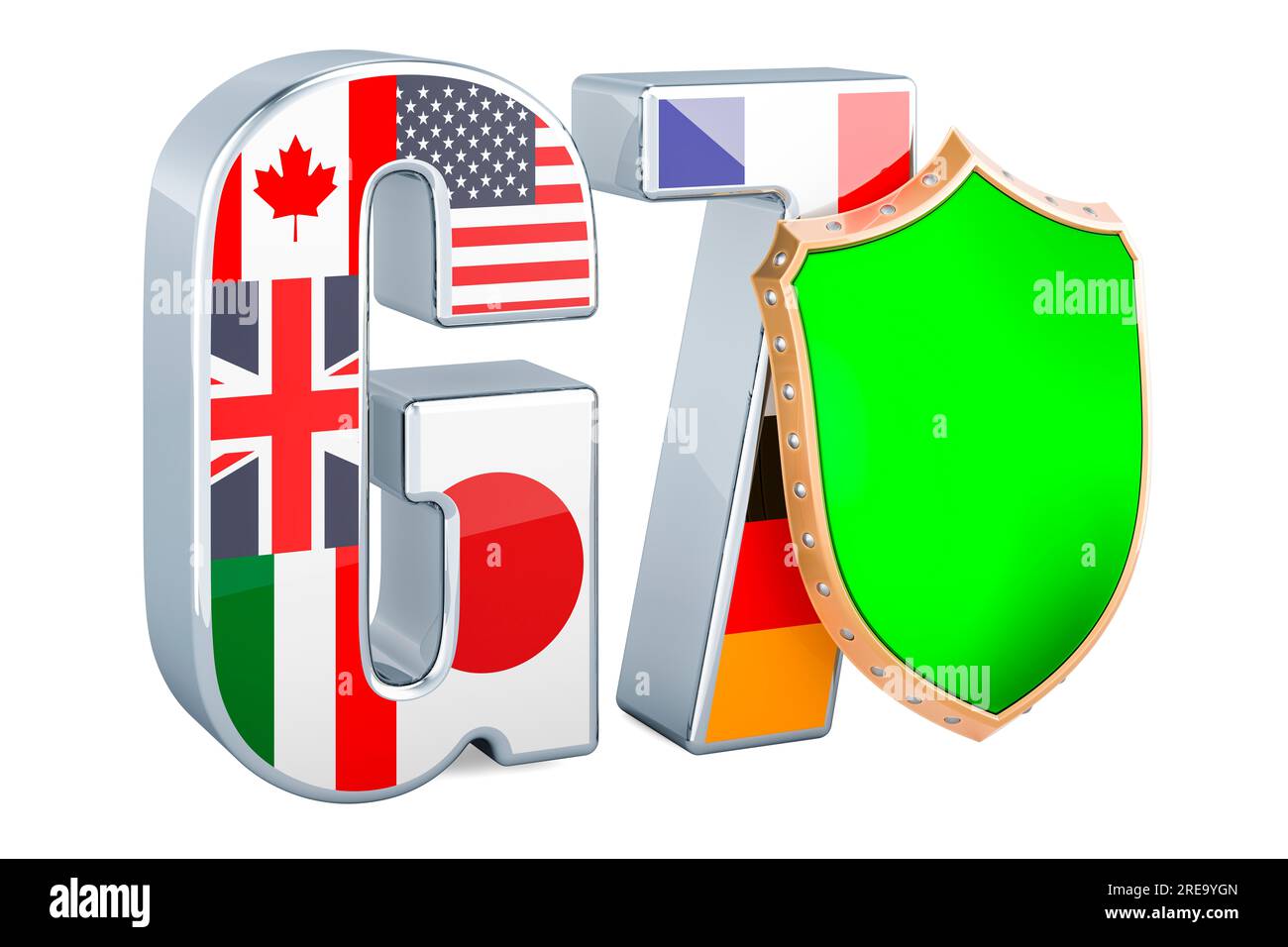 G7 mit Abschirmung, 3D-Rendering auf weißem Hintergrund isoliert Stockfoto