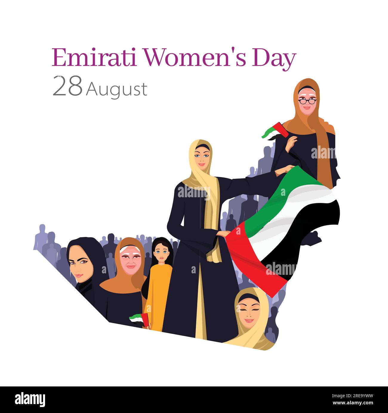 Emirates Women's Day, Arab Women with UAE flag Emirati Women's Day, Human Rights, Women's Rights, United Arab Emirates National Day, VAE Flag Day Stock Vektor