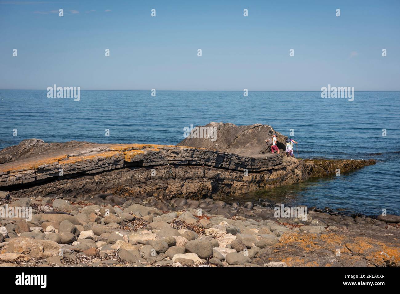 Naturstratigraphie oder Felsschichten am Strand neben Dunstanburgh Castle, Northumberland, Großbritannien Stockfoto