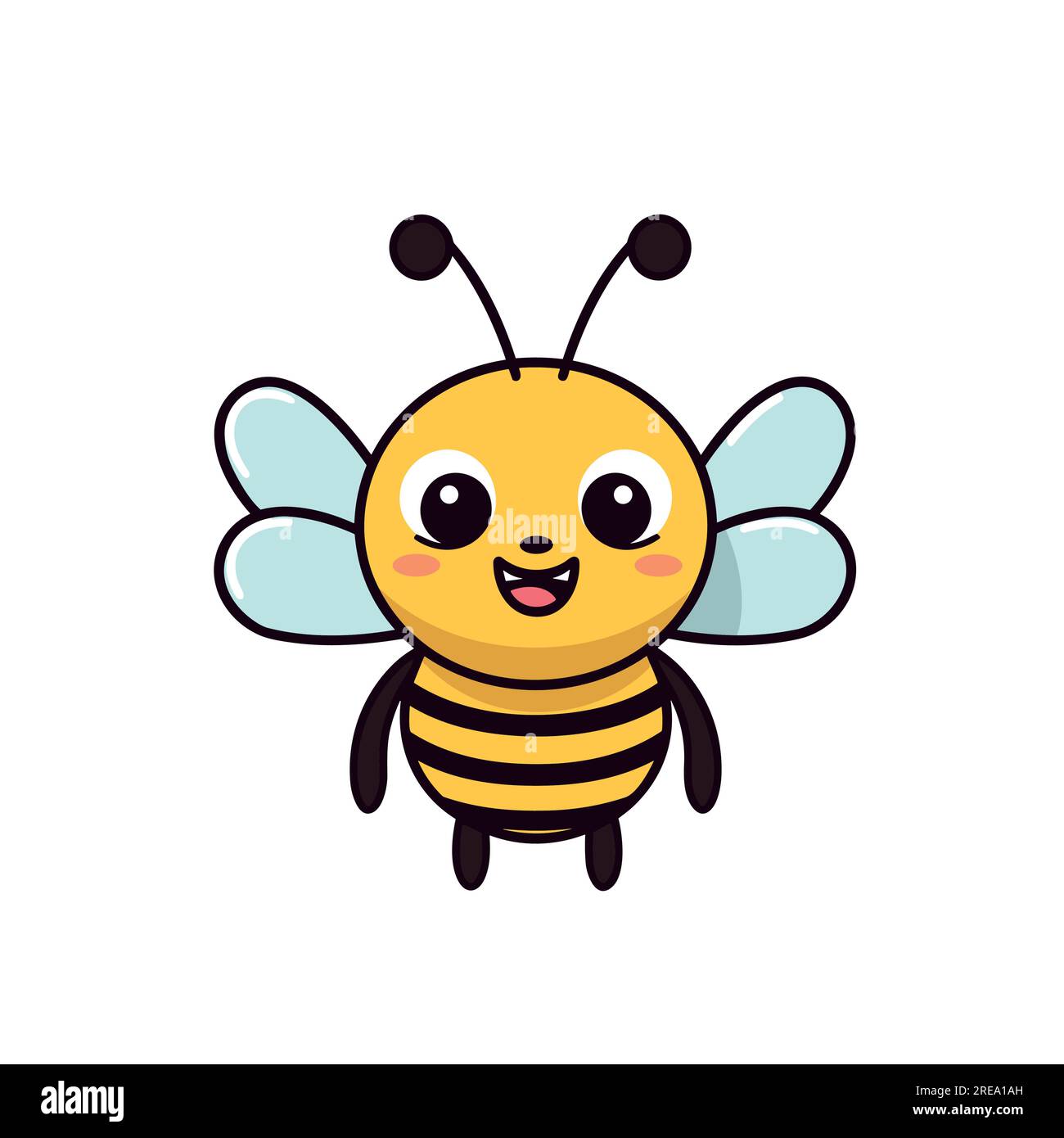 Nette, freundliche Biene. Cartoon glücklich fliegende Biene mit großen freundlichen Augen. Insektencharakter. Vektor auf Weiß isoliert Stock Vektor