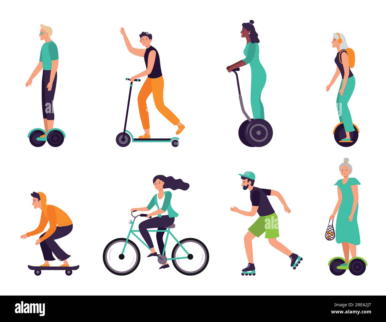 Aktive Menschen gesunder Lebensstil. Umweltfreundlicher Transport, Menschen unterschiedlichen Alters fahren moderne Fahrzeuge als Roller Stock Vektor