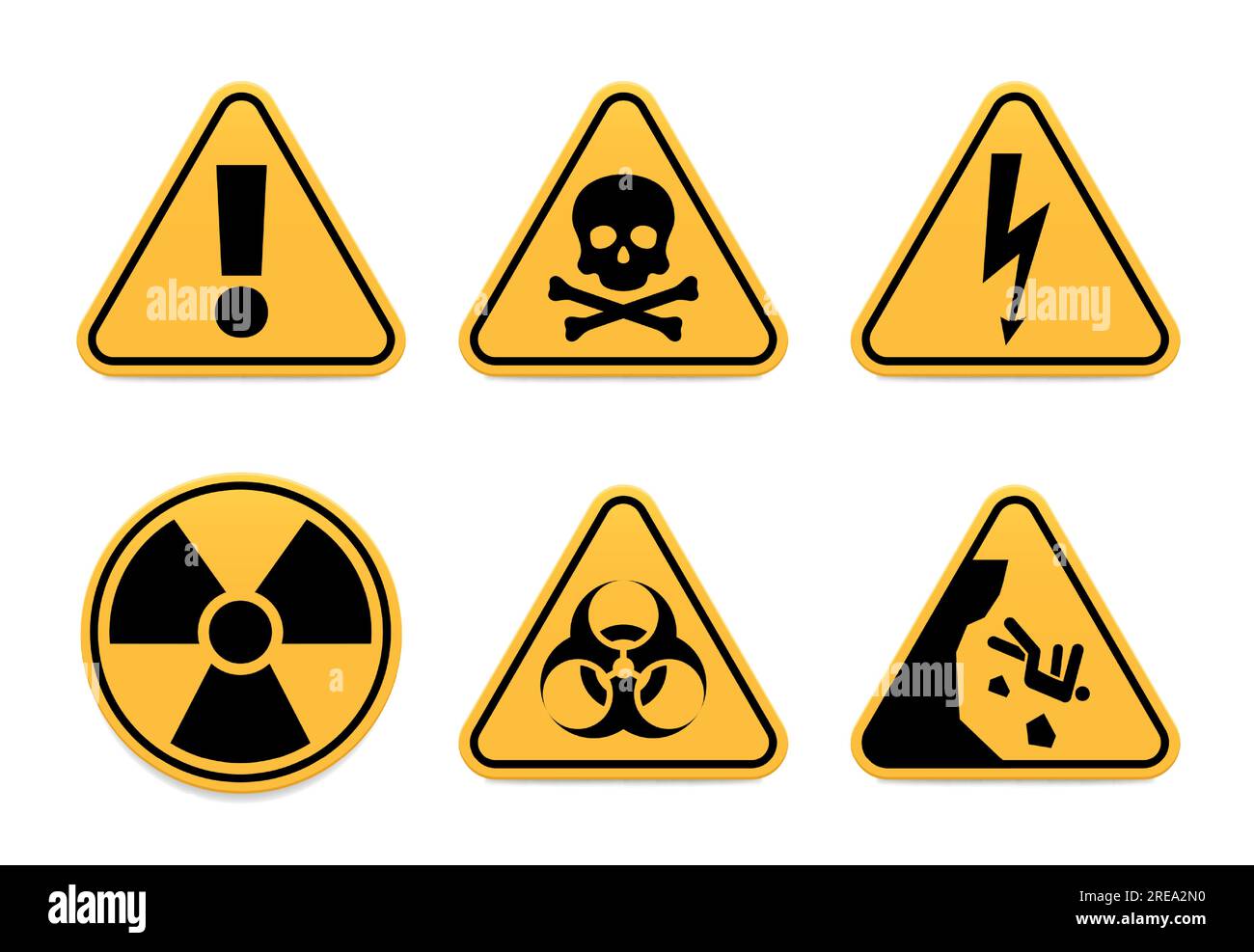 Warnschilder für Aufmerksamkeit, Gift, Hochspannung, Strahlung, biologische Gefahren und Sturzgefahr Stock Vektor