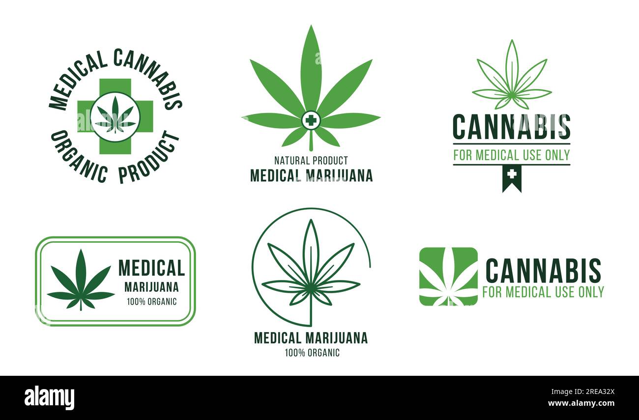 Cannabis-Etikett für medizinische Zwecke. Legale Marihuana-Behandlung, Schmerzmittel gegen Krankheiten. Organische grüne Blätter Stock Vektor