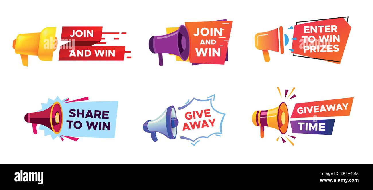 Werbebanner mit Megafon. Siegerpreis im Wettbewerb, Lautsprecherankündigungswettbewerb, Zufallsgewinner Stock Vektor