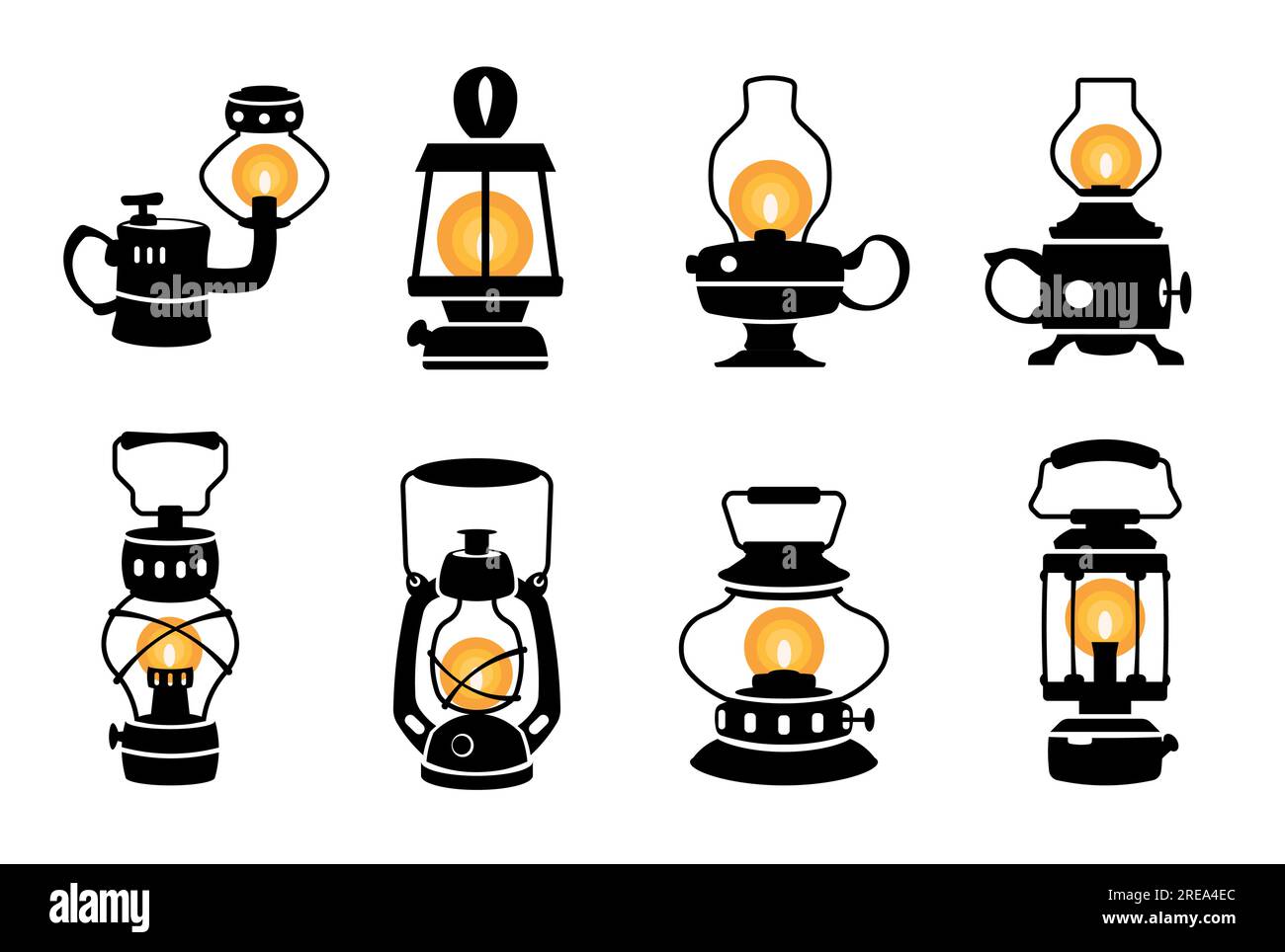 Laternen-Silhouette. Gaslampen mit schwarzem Petroleumbenzin im Vintage-Stil, einfarbige Nachtlichter im Retro-Stil mit flachem Halter Stock Vektor