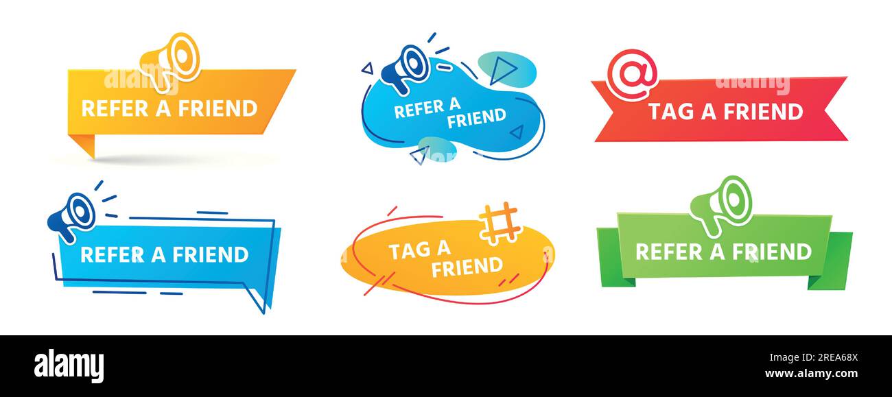 Banner für Freunde empfehlen. Empfehlungsprogramm bei der Arbeit, Empfehlung von Kollegen für eine finanzielle Vergütung. Person in sozialen Medien markieren Stock Vektor