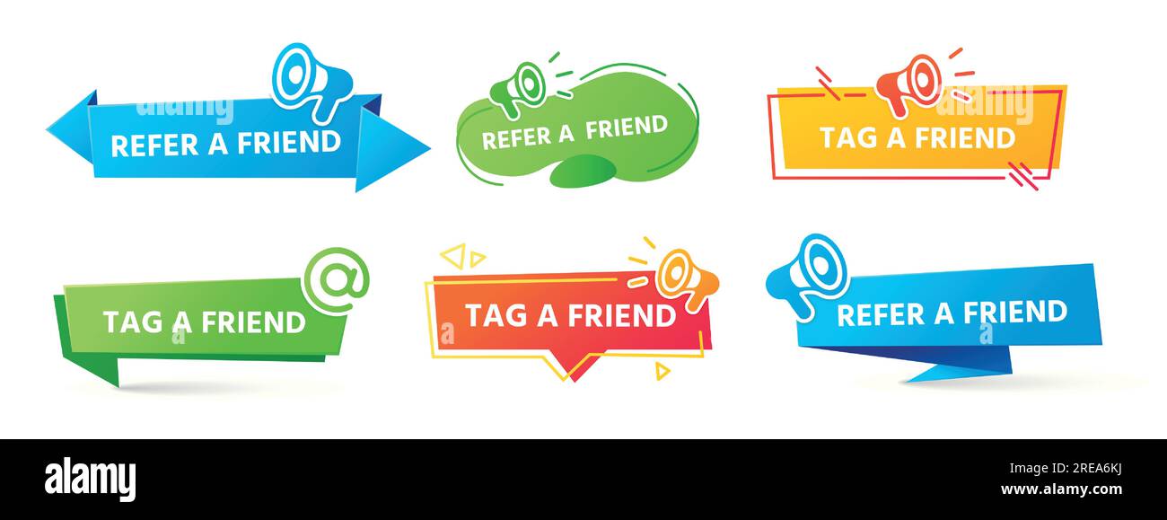 Label für Empfehlungsprogramm, Empfehlung von Freunden und Social-Marketing-Tag-Banner für Freunde. Austausch von Informationen auf Netzwerkstandorten Stock Vektor