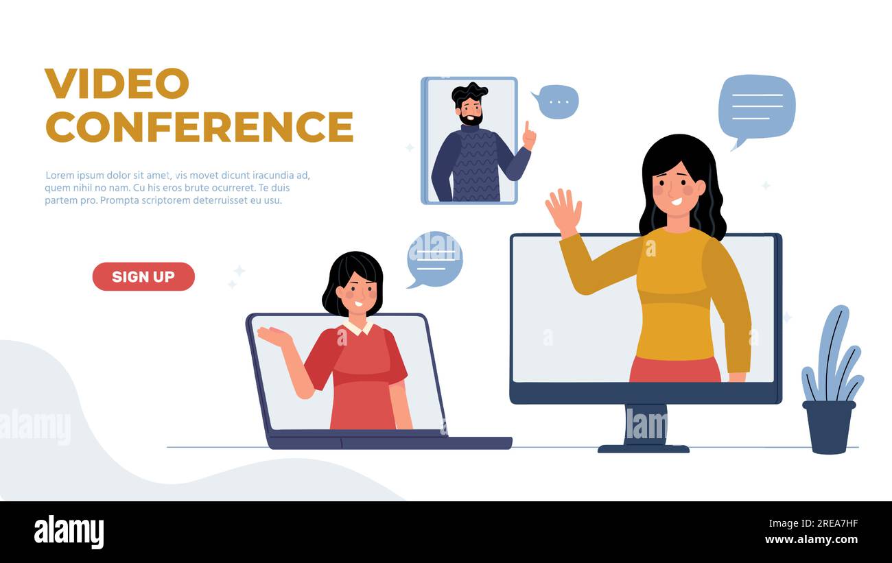 Landing-Page für Videokonferenz. Verschiedene Gadgets für Online-Meetings. Frau und Mann winken vom Desktop-Computer Stock Vektor
