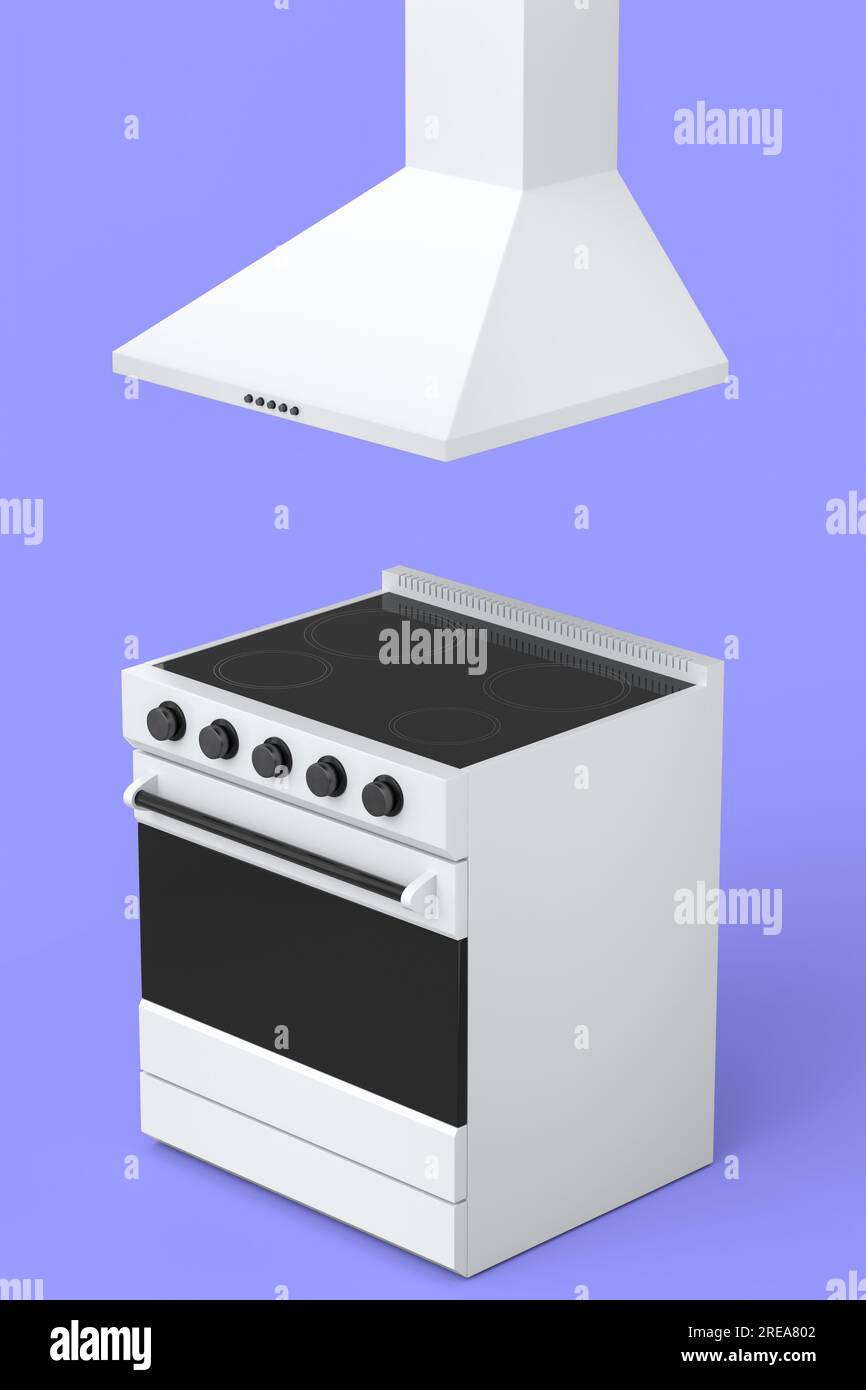 Set aus Küchenutensilien, Stewpot, Bratpfanne und Chrom-Kochgeschirr, das auf Regalen hängt, sowie Elektro- oder Gasherd mit Dunstabzugshaube auf violettem Hintergrund Stockfoto