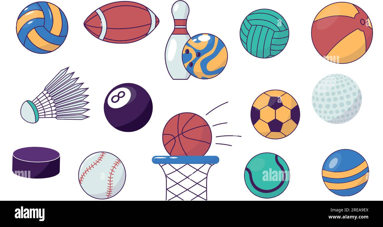 Cartoon-Sportball. Set aus verschiedenen bunten Spielausrüstungen, Bowling Billard Tennis Football Hockey Golfball in verschiedenen Farben. Vektorsammlung Stock Vektor