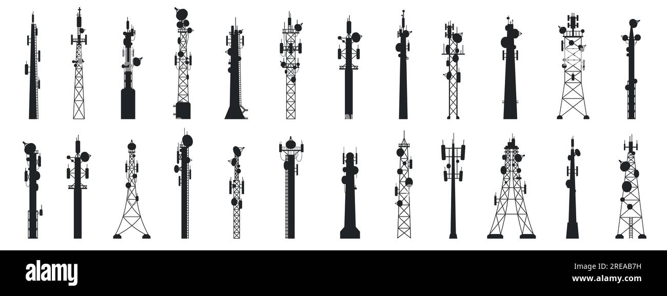 Silhouetten des Funkmasts. Umreißen Sie die Antennentürme, Geräte der Kommunikationstechnik. Vektorsatz Stock Vektor