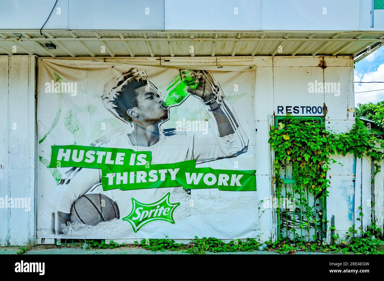 An der Wand hängt ein Sprite-Werbespot neben einem verlassenen Badezimmer, bedeckt mit blauen Morgenblumenreben, 27. Juni 2023, in Mobile, Alabama. Stockfoto