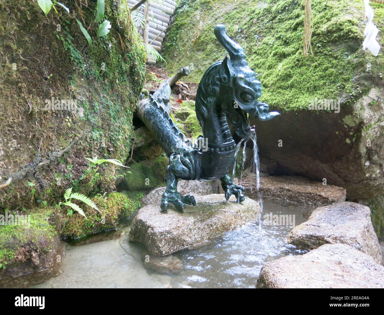 Das Trinken von Wasser aus dem Drachenmaul an der Schrift soll die Langlebigkeit erhöhen; das religiöse Erlebnis an den Nachi No Taki Wasserfällen, Kii Halbinsel. Stockfoto