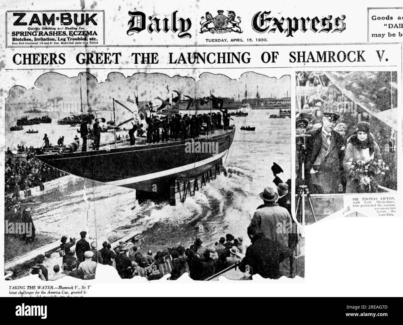 AJAXNETPHOTO. APRIL 1930. GOSPORT, ENGLAND. - AMERICA'S CUP CHALLENGER WURDE GESTARTET - DIE TITELSEITE DES DAILY EXPRESS VOM 15. APRIL 1930 ZEIGT DIE J-KLASSE-YACHT SHAMROCK V, DIE VOM BAUHOF, CAMPER & NICHOLSONS GESTARTET WIRD. INSET PIC ZEIGT DEN BESITZER SIR THOMAS LIPTON MIT LADY SHAFTESBURY, DIE DIE NAMENSZEREMONIE DURCHFÜHRTE. FOTO: AJAX VINTAGE BILDERBIBLIOTHEK COLL. REF.: 19301504 Stockfoto