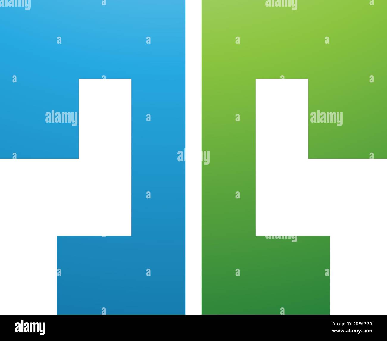 Grünes und blaues, fett formatiertes, geteiltes T-Symbol auf weißem Hintergrund Stock Vektor