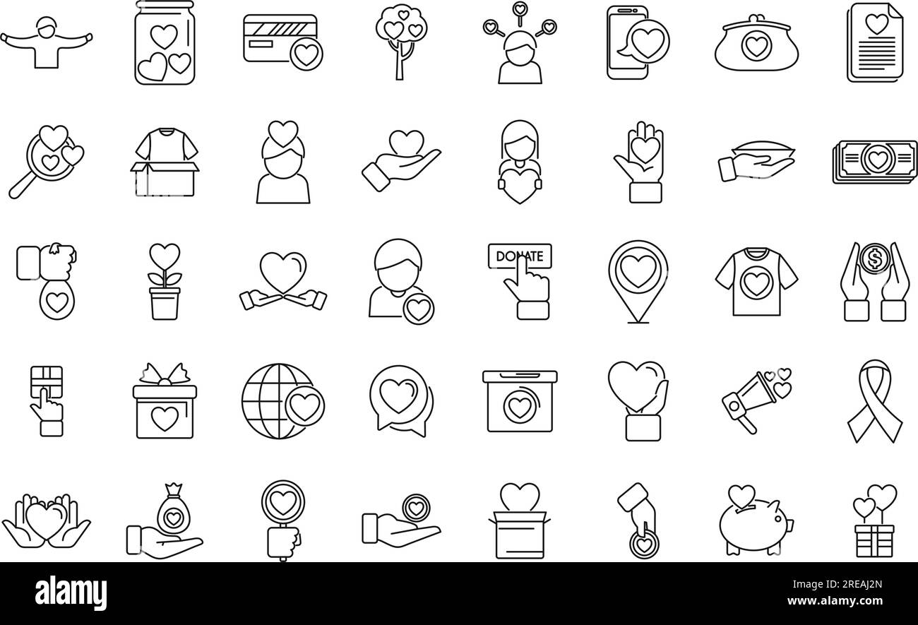 Großzügigkeit-Symbole legen den Konturvektor fest. Lebensmittelspende. Auswirkungen auf die Wirtschaft Stock Vektor