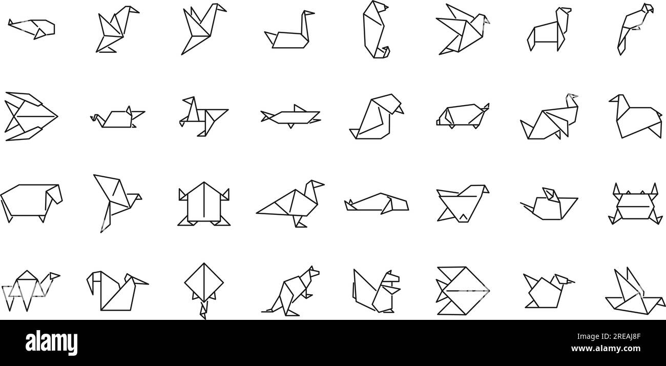 Origami-Tiersymbole setzen den Konturvektor. Fischpapier. Fox Low Poly Stock Vektor
