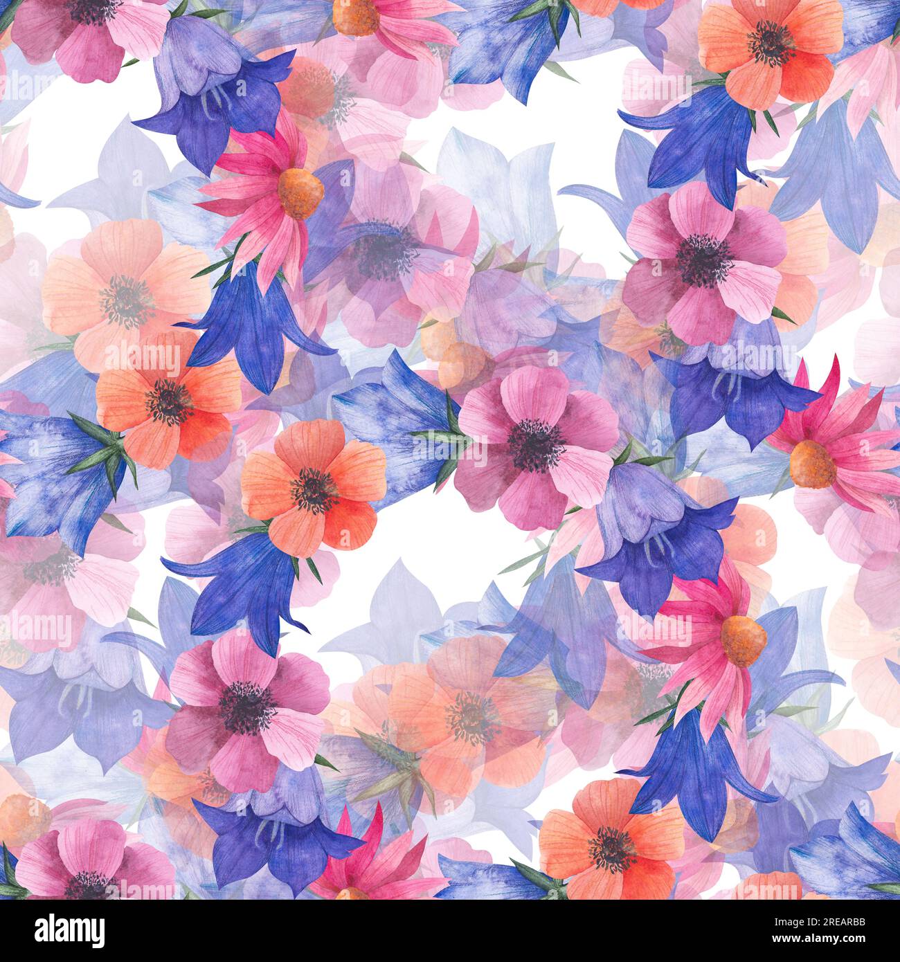 Wasserfarbenes nahtloses Muster mit Wildblumen, Bluebell-Knospen, Anemonen, kosmea-Blume, Echinacea für Textilien oder Tapeten, Illustration in Stockfoto