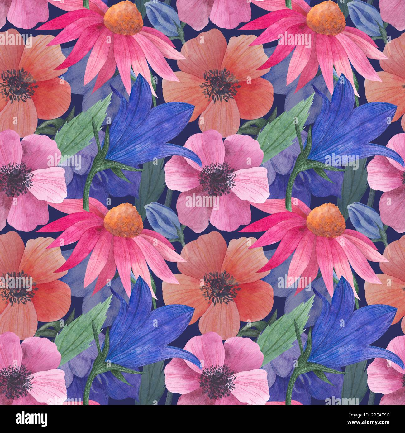 Wasserfarbenes nahtloses Muster mit Wildblumen, Bluebell-Knospen, Anemonen, kosmea-Blume, Echinacea für Textilien oder Tapeten, Illustration in Stockfoto