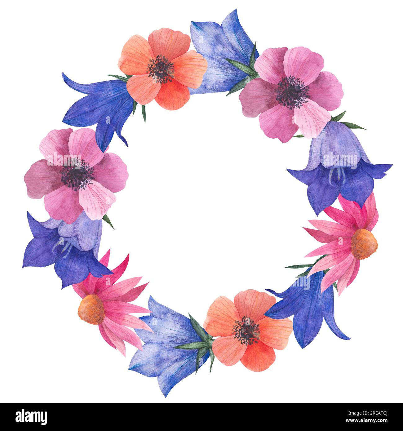 Aquarelle Kranz mit blumigen Wildblumen, Wildblumen, Bluebell-Knospen, Anemonen, kosmea-Blüten, echinacea, Illustration im provence-Stil, mit Platz Stockfoto