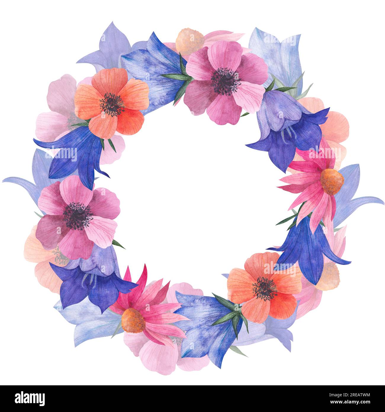 Aquarelle Kranz mit blumigen Wildblumen, Wildblumen, Bluebell-Knospen, Anemonen, kosmea-Blüten, echinacea, Illustration im provence-Stil, mit Platz Stockfoto